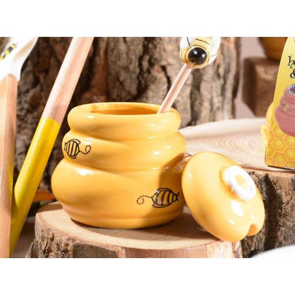 BARATTOLO PORTAMIELE IN CERAMICA ARANCIONE CON RACCOGLI MIELE IN LE...